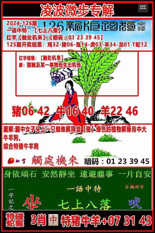 （126期）本站精解跑狗126期门跑狗一字記之曰：【坐】;身依顽石，安然静坐远避战事，一片自安红字：触处机来玄機測字【吠】，共7