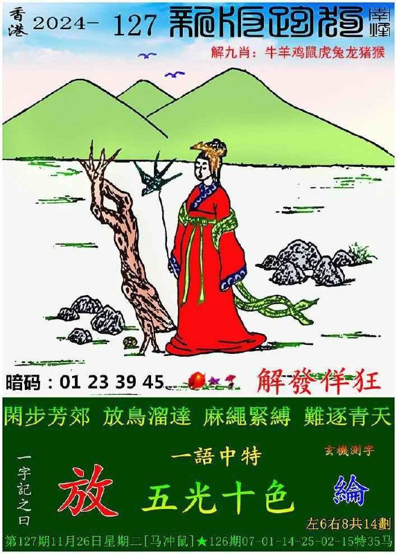 （127期）精解跑狗127期门跑狗一字記之曰：【放】;闲步芳郊，放鸟溜达麻绳紧缚，难逐晴天红字：解发佯狂玄機測字【轮】，共14